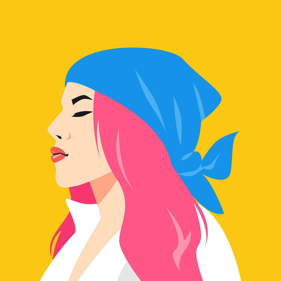 retrato de un mujer vistiendo un pañuelo. mira me gusta un pirata. verano. adecuado para avatares, social medios de comunicación perfiles, imprimir, etc. plano vector gráficos.