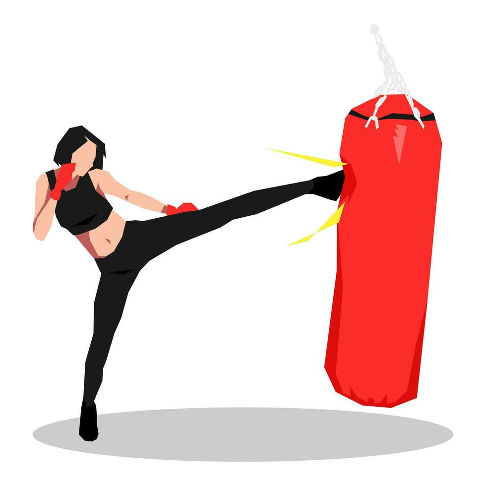 girl character in sportswear and red gloves kicking sandbag. concept of kickboxing, fitness, gym, sport, martial arts. vector flat illustration.