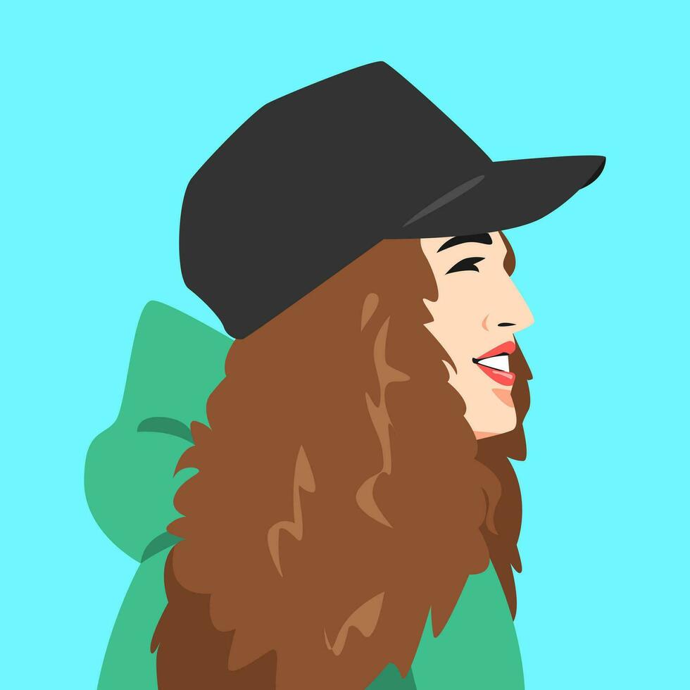 retrato de un alegre mujer vistiendo un negro béisbol gorra con Rizado marrón pelo y vistiendo un suéter. adecuado para avatar, social medios de comunicación perfil, imprimir, etc. vector plano gráfico.