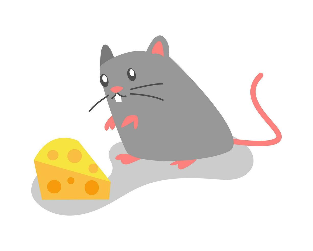 cute rat, mouse get cheese in flat cartoon style. mice, animal, rodent. vector graphic.
