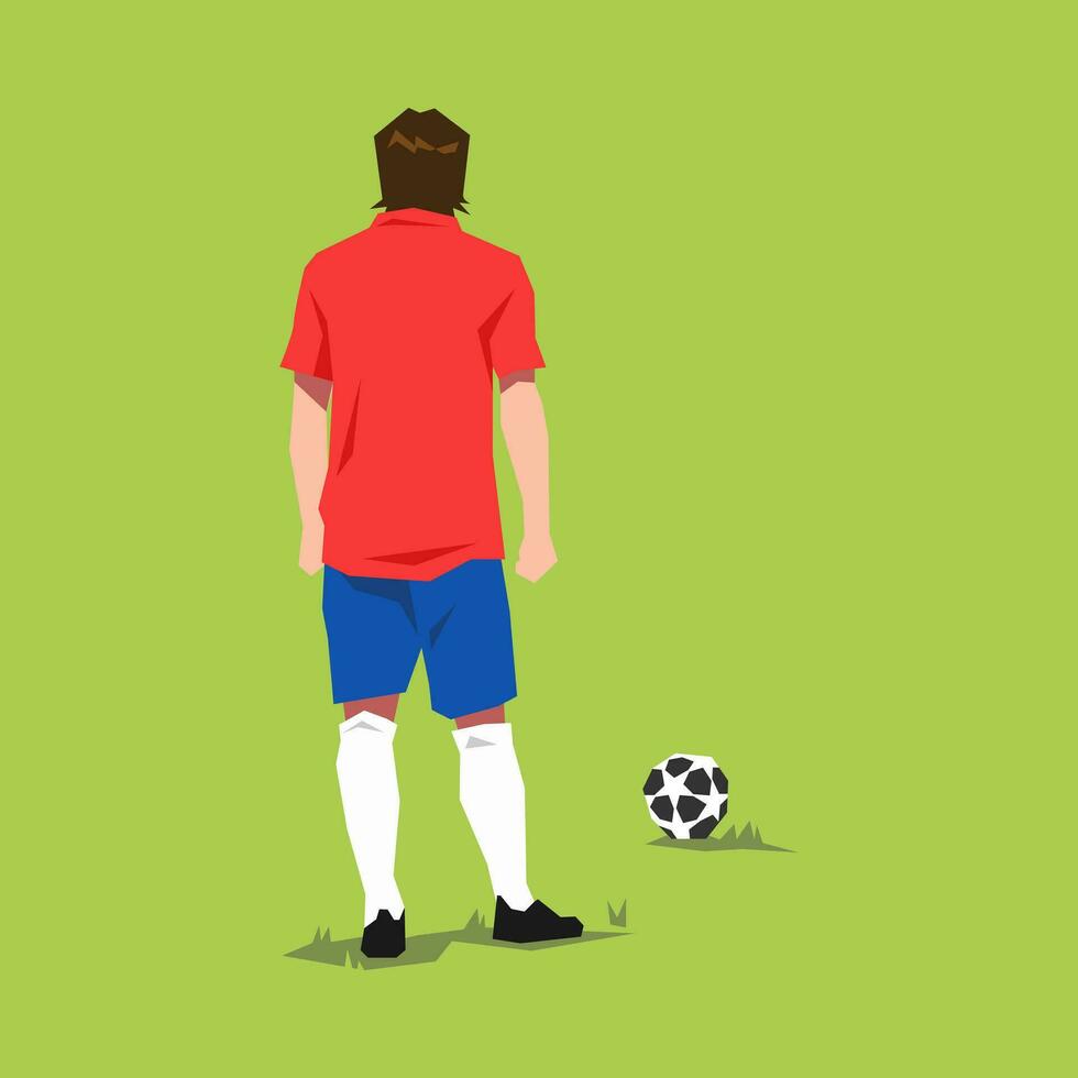 espalda ver fútbol, fútbol atleta preparando a patada el pelota. concepto de deporte, fútbol, actividad. adecuado para imprimir, póster, pegatina. plano vector gráficos.