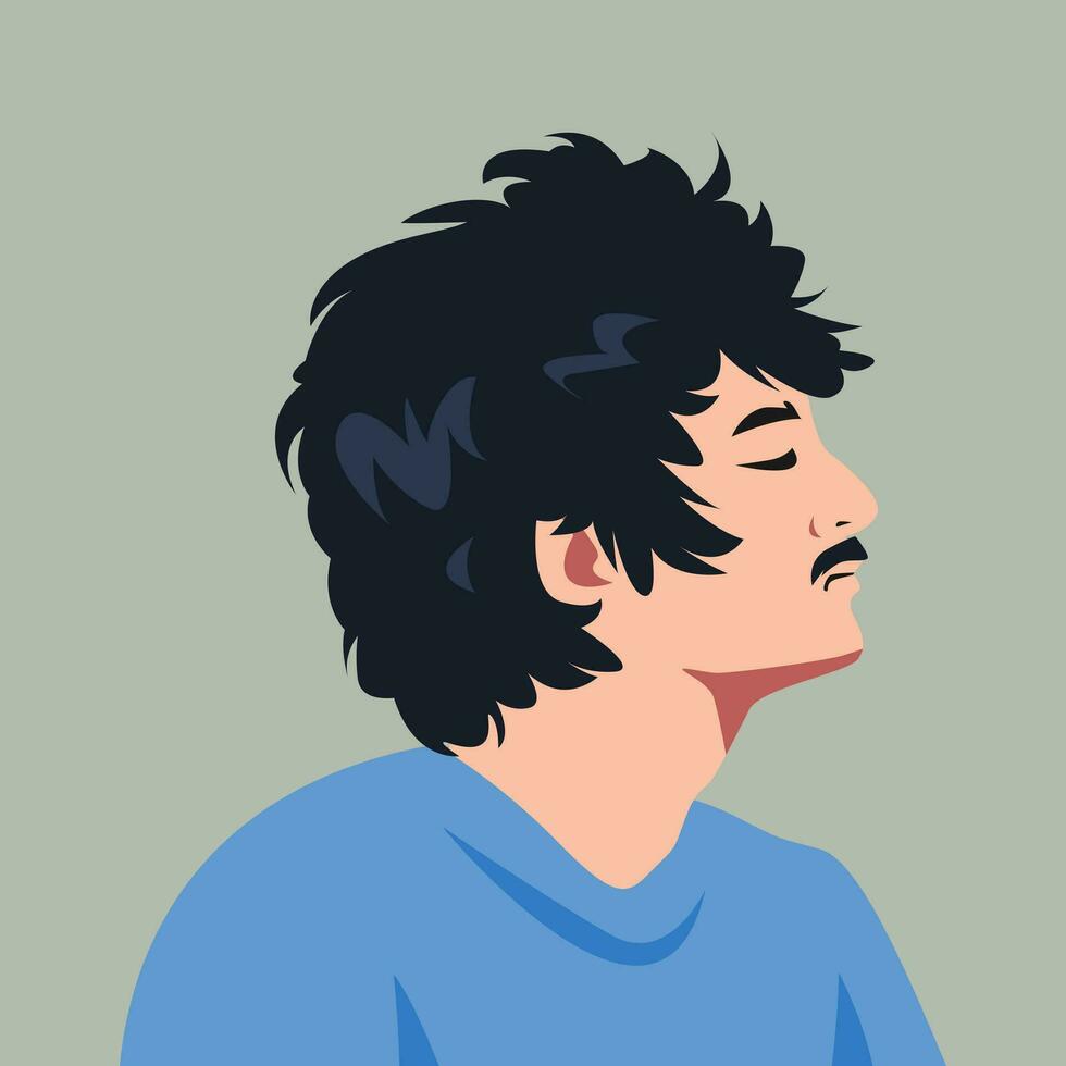 avatar portrait of a male face with frizzy, curly hair and a mustache. side view. vector graphic.