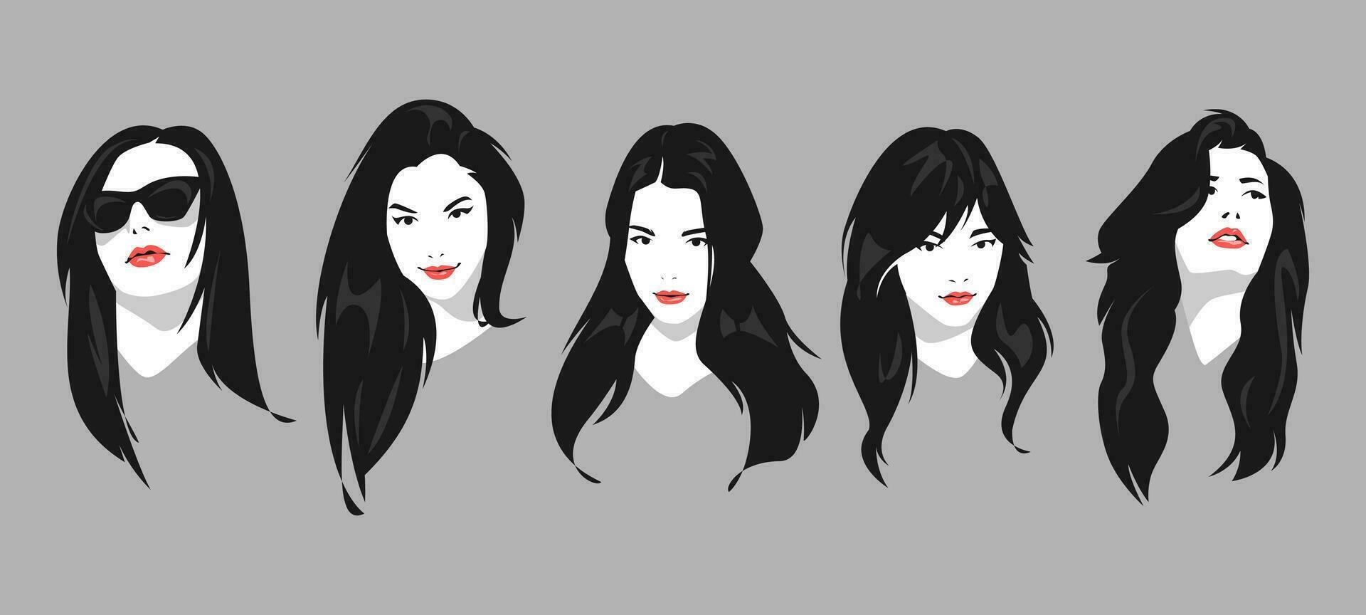 conjunto de varios retratos de hermosa y atractivo De las mujeres caras con diferente peinados, aspecto. para imprimir, póster, cubrir, camiseta, y otro diseño. vector gráfico.