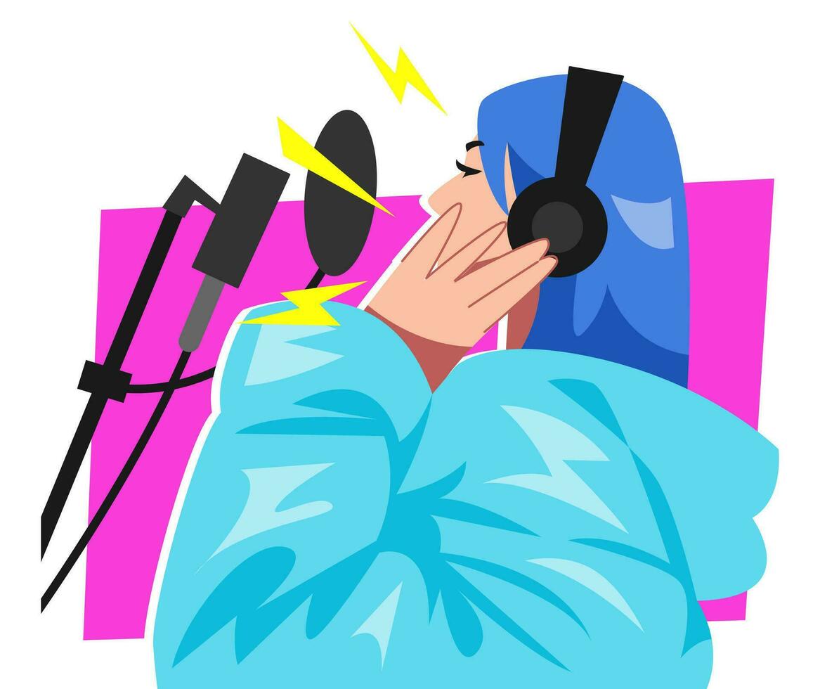 illustration of a professional female singer using headphones composing a new song with a microphone while recording in a music studio. colored cartoon flat vector illustration.