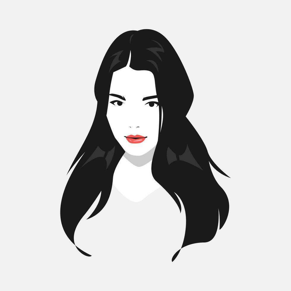 hermosa niña cara con largo ondulado cabello. el concepto de belleza, moda, peinado. negro y blanco. para camiseta diseño, impresión. vector gráfico.