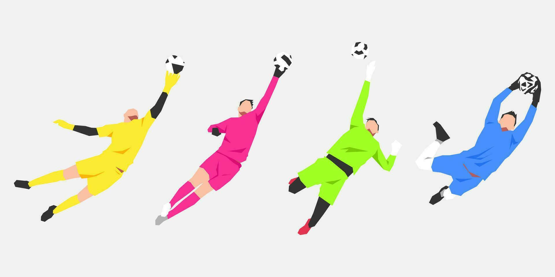 conjunto de porteros molesto a captura el pelota. diferente posa, colores. concepto de deporte, fútbol, actividad. plano vector ilustración.