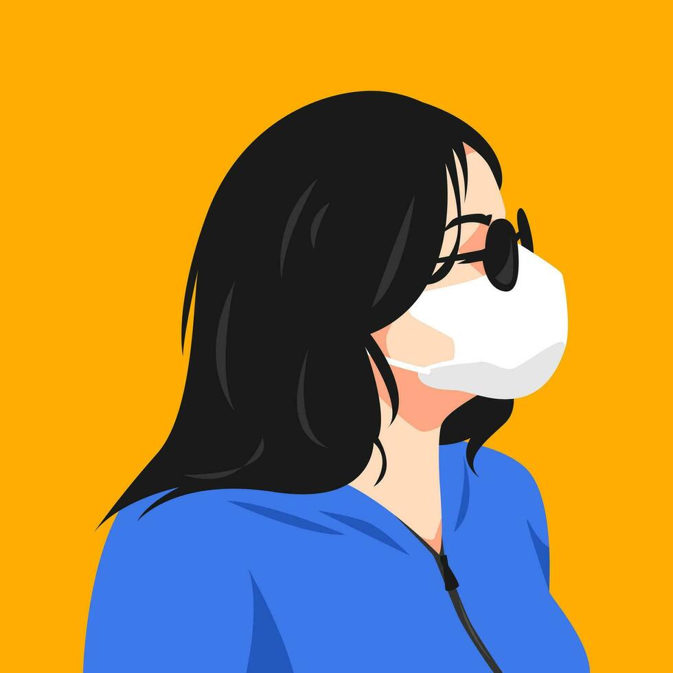 retrato de mujer vistiendo máscara y Gafas de sol. lado vista. salud cuidado concepto. adecuado para avatar, social medios de comunicación perfil, imprimir, etc. vector plano gráfico.