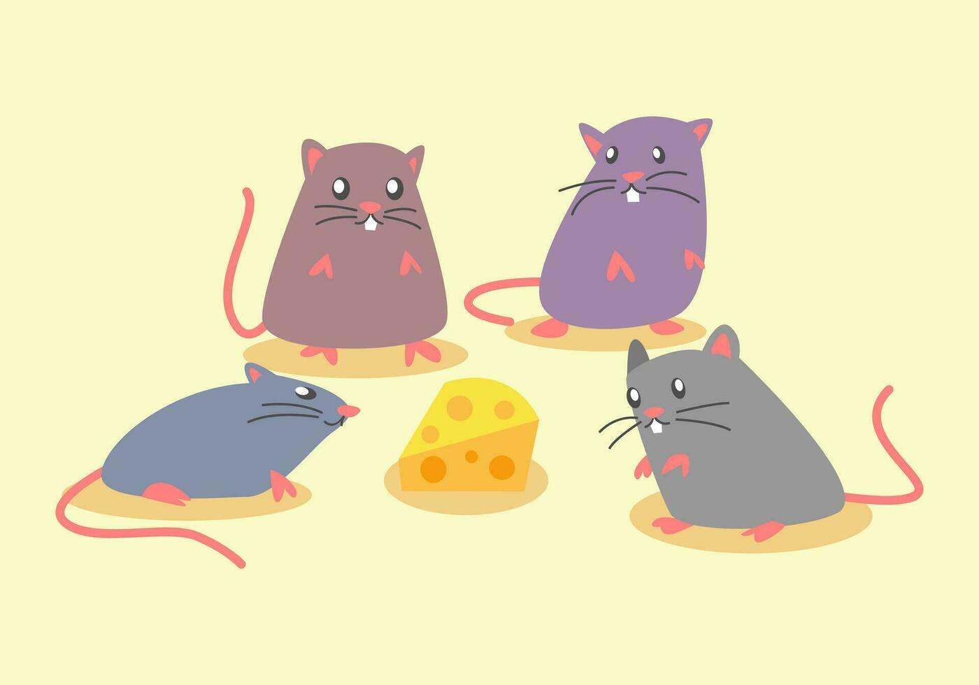 several cute mice of different colors stare at the cheese. flat cartoon. mice, rats, animals, rodents. graphic vector set.