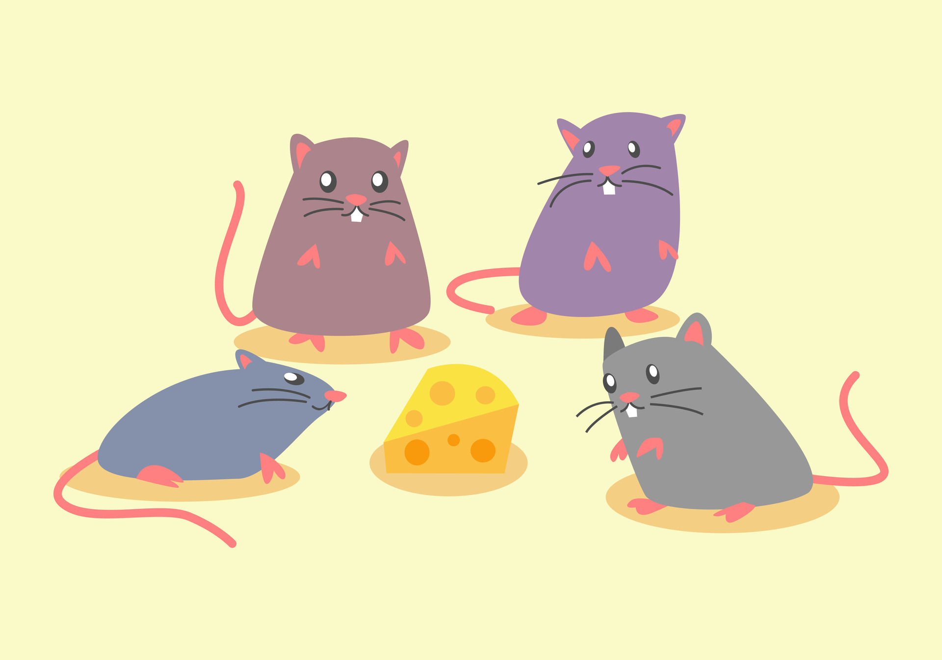 several cute mice of different colors stare at the cheese. flat cartoon