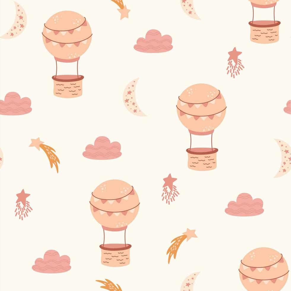 Hot Air Balloon seamless pattern. Children background with balloons, clouds and stars.  Vector hand drawn texture for fabric, wrapping, textile, wallpaper, apparel.