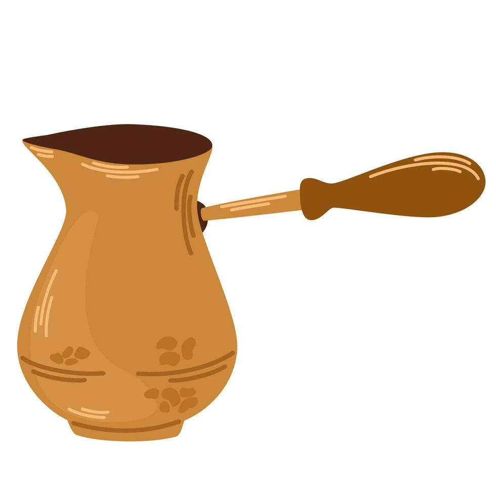 turco café maceta. cezve. un cuenco con un encargarse de para haciendo café en el cocina. mano dibujado vector ilustración en garabatear estilo para café tiendas, restaurantes, Mañana rutina.