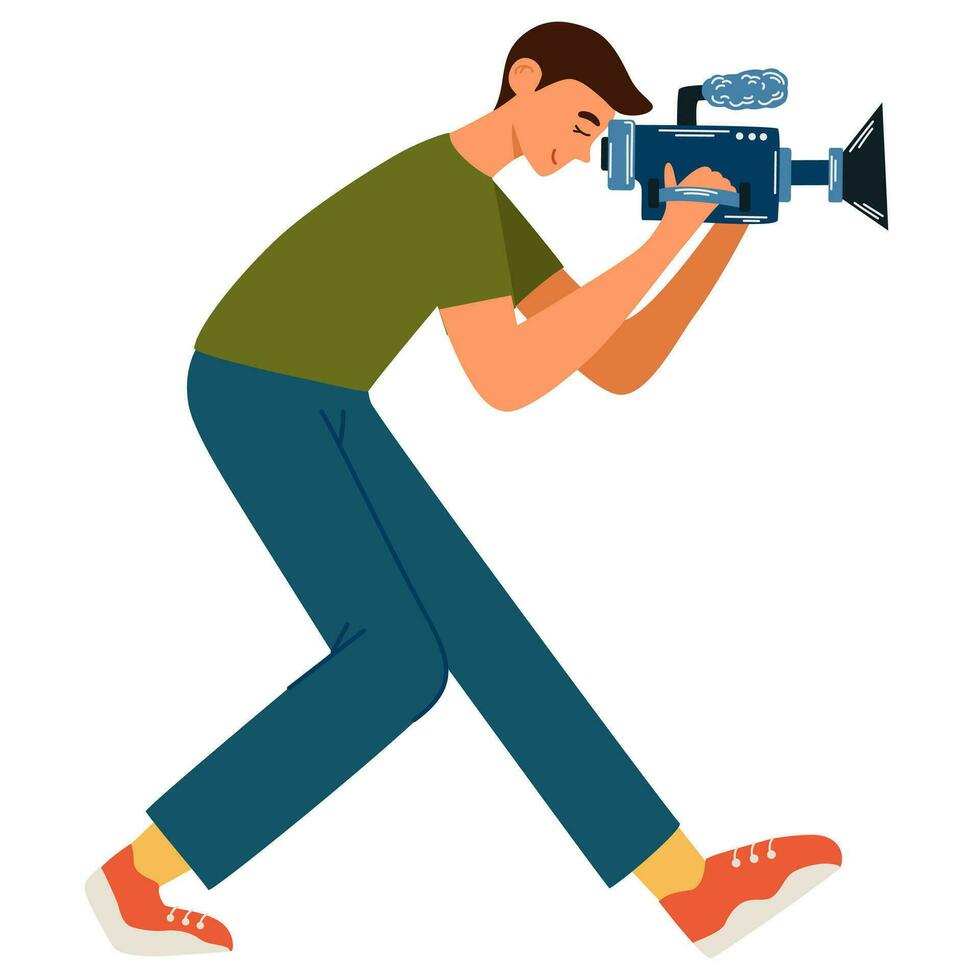 Videographer. Man using camera, video making, filming event, production service, small business, self-employed specialist, freelance work. Vector flat illustration