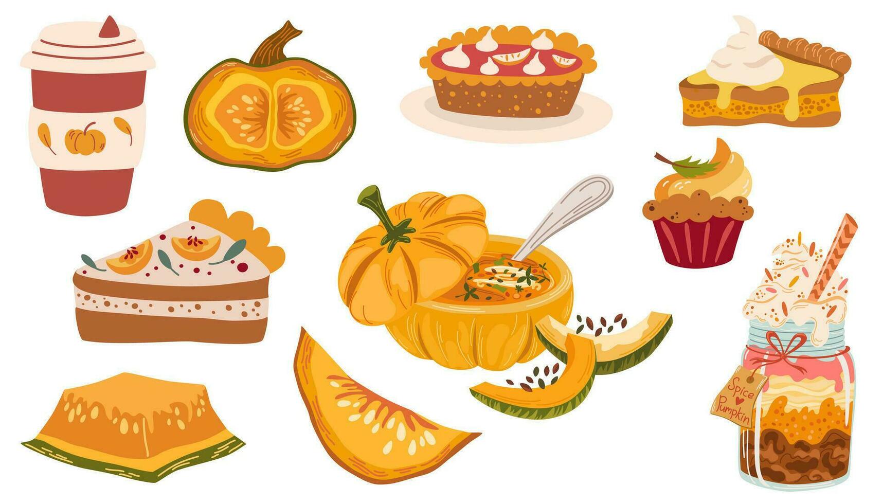 Autumn food. Collection of seasonal flavored pumpkin spice products, food and beverages. Set of delicious sweet autumn desserts or pastries. Vector illustration isolated on white background