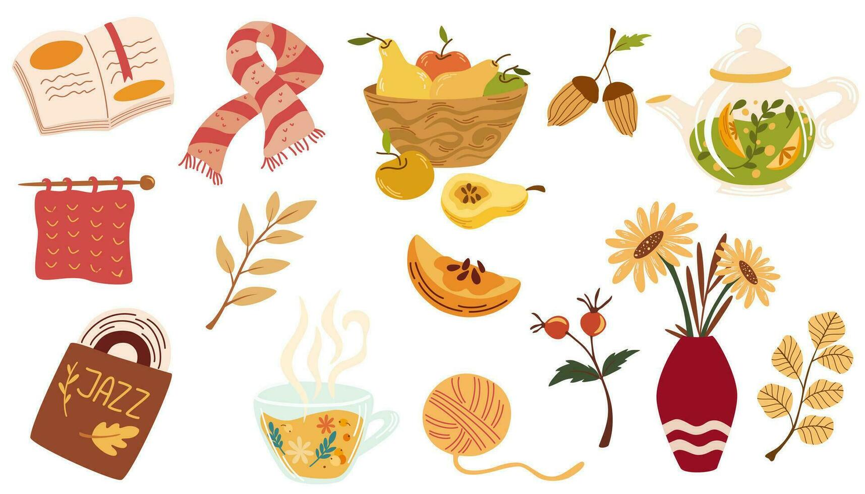 acogedor otoño. conjunto de diferente otoño elementos, bayas, té, calentar bufanda, un vinilo registro, un ramo de flores de flores en un florero, un Fruta cesta, un libro y follaje. vector ilustración