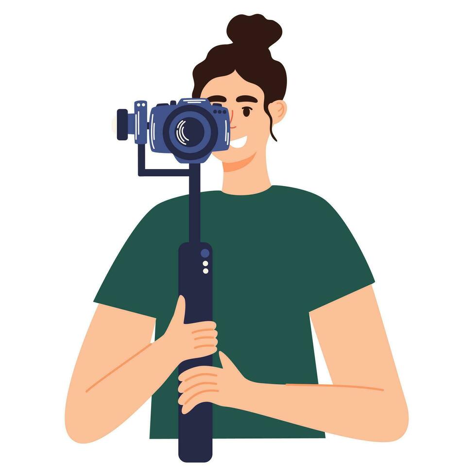 Videographer. Young woman holding camera. Mass Media Tv Show, Program Broadcast.  Freelance work of hobby. Vector flat illustration isolated on the white background.