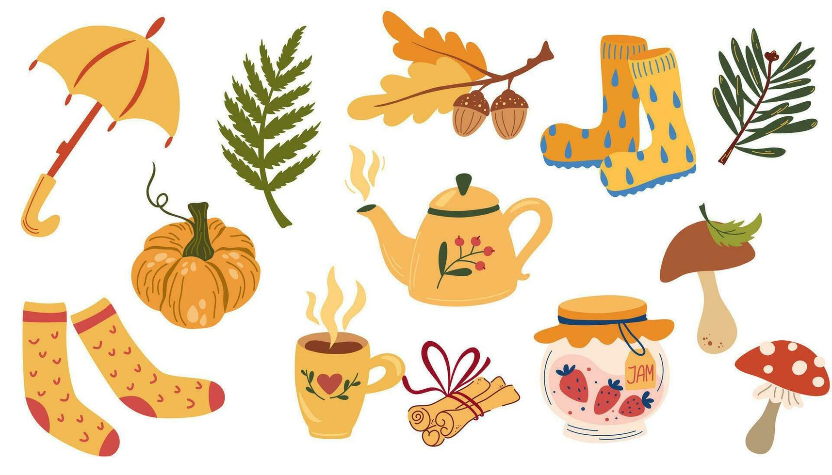 Cozy Autumnal collection with seasonal different elements, pumpkin, tea, socks, mushrooms, plants. Fully fall feeling. Vector hand draw illustration isolated on white background
