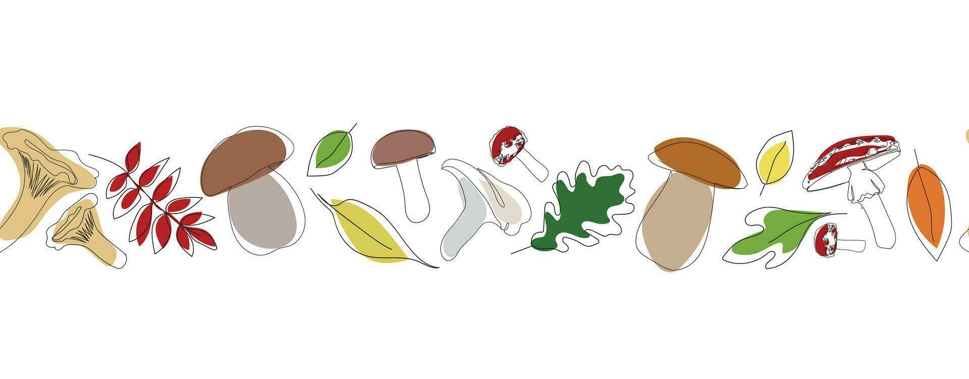 Seamless border different types of mushrooms in single continuous line drawing style. Sketch hand drawn illustration. Mushroom vector set in outline with colored elements.