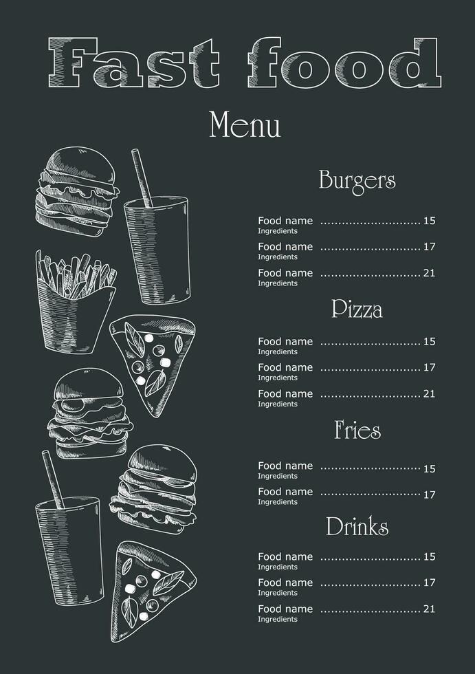 Vintage chalk drawing fast food menu. Fast food cafe menu template flyer. Fast food restaurant menu board vector template.