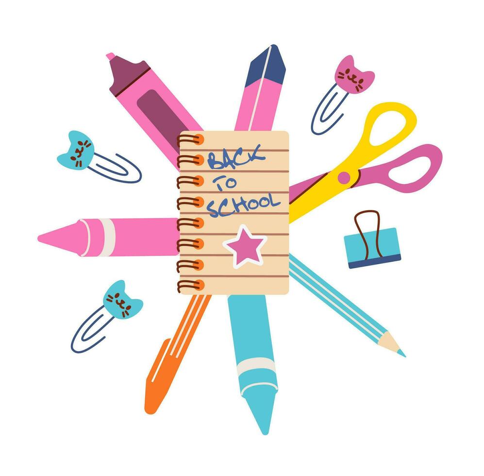 Set of school supplies. Back to school. Various accessories for study, student equipment. Cute modern illustration. vector
