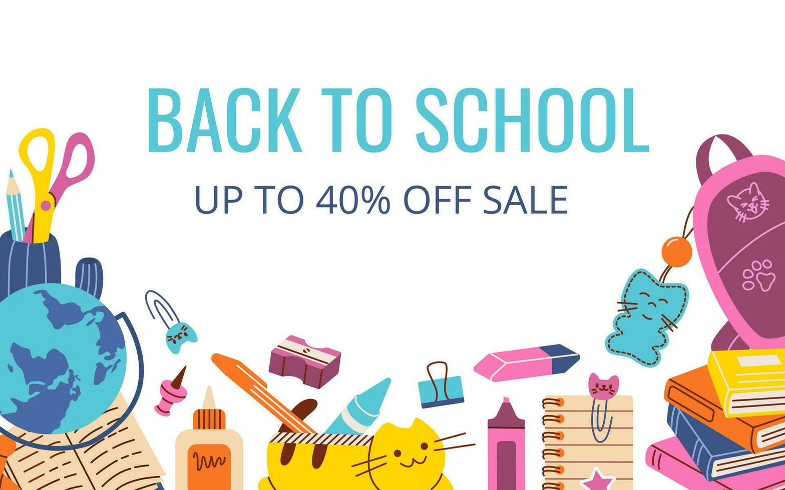 Horizontal banner template for Back To School seasonal sale decorated by stationery at bottom edge. Vector illustration for advertisement.