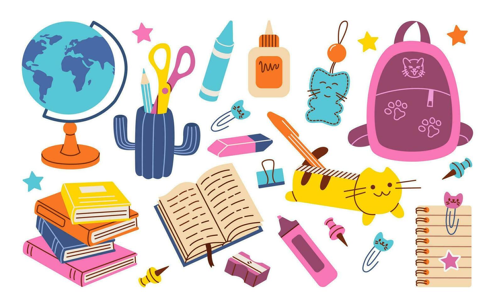 Set of schooi supplies. Back to school. Various accessories for study, student equipment. Cute school modern stickers. Flat vector illustration.