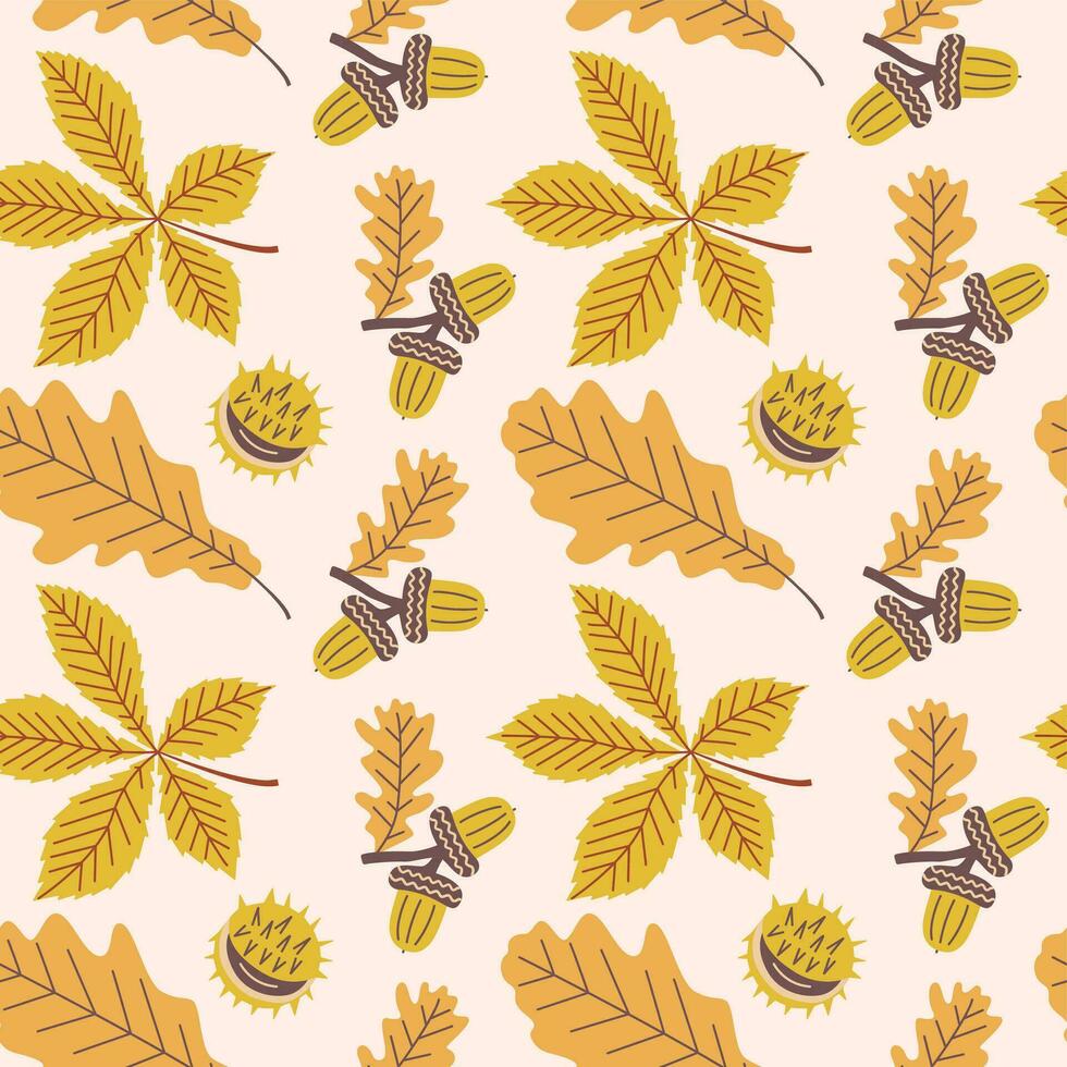 Seamless pattern of autumn plant elements. Vector illustration of fruits and leaves in autumn colours.