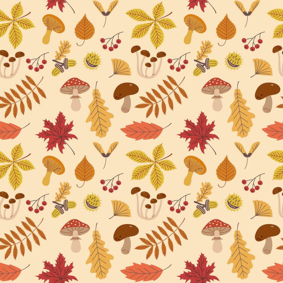 Seamless pattern of autumn plant elements. Vector illustration of fruits, mushrooms and leaves in autumn colours.