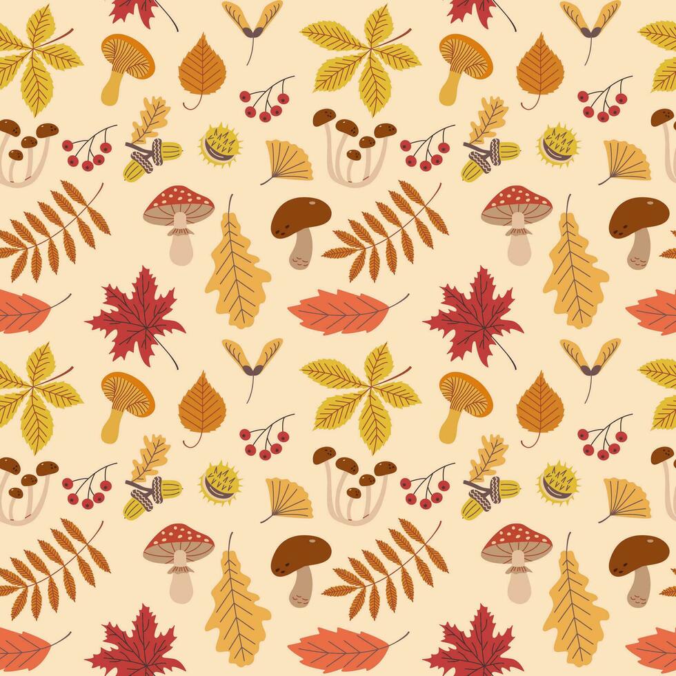 Seamless pattern of autumn plant elements. Vector illustration of fruits, mushrooms and leaves in autumn colours.