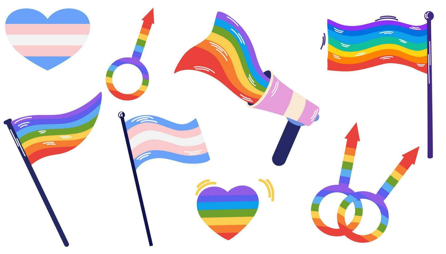 LGBT flag or Rainbow flag, megaphone, symbols. LGBT community. Pride month. Vector set illustrations of gay pride posters