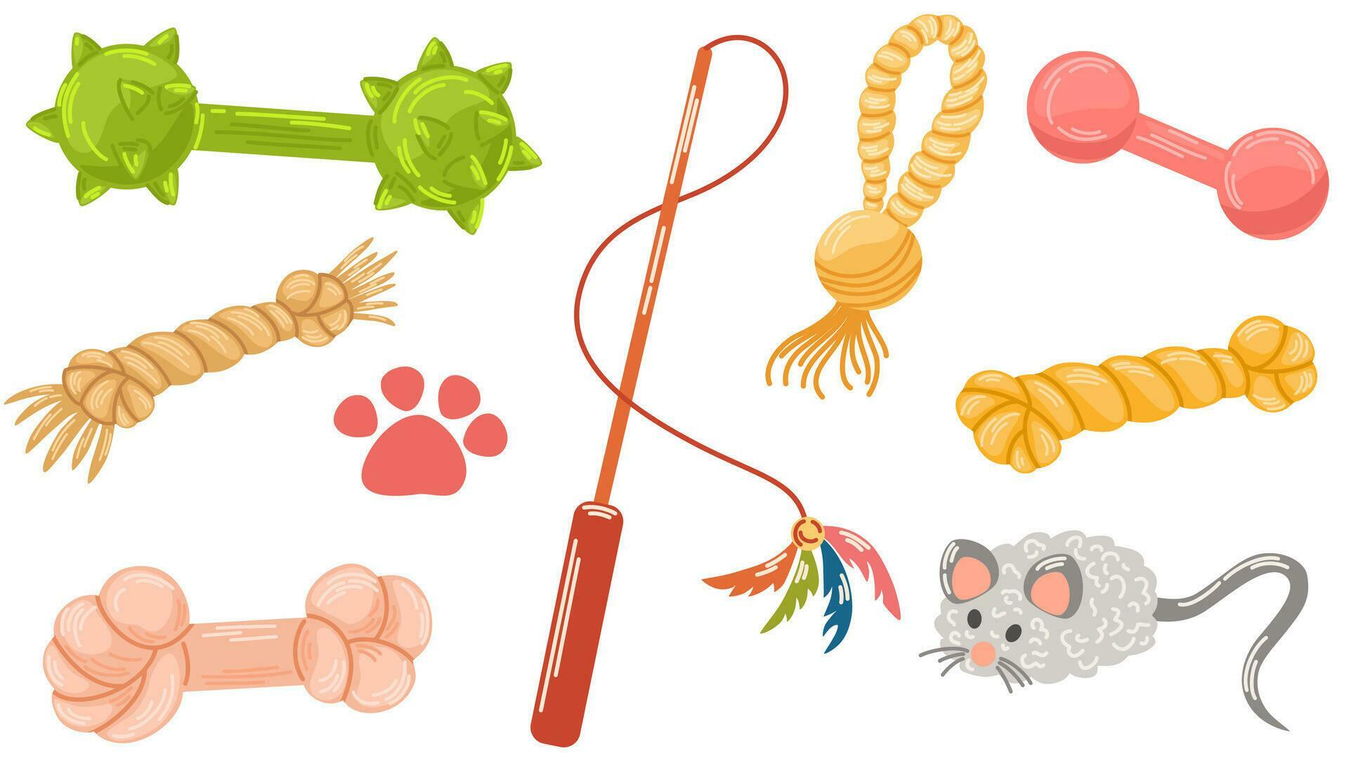 Cat dog toys. Animal toys set. Pet shop assortment, animals accessories. Flat vector
