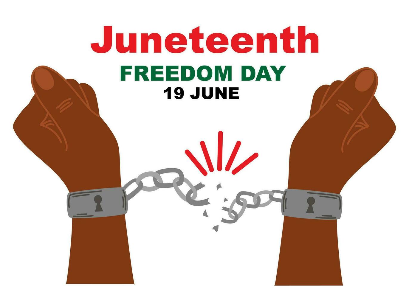 Freedom Day is June 19. Juneteenth. Emancipation Day. Black Arm Breaking chains. The chains are breaking blue. Liberation Day vector
