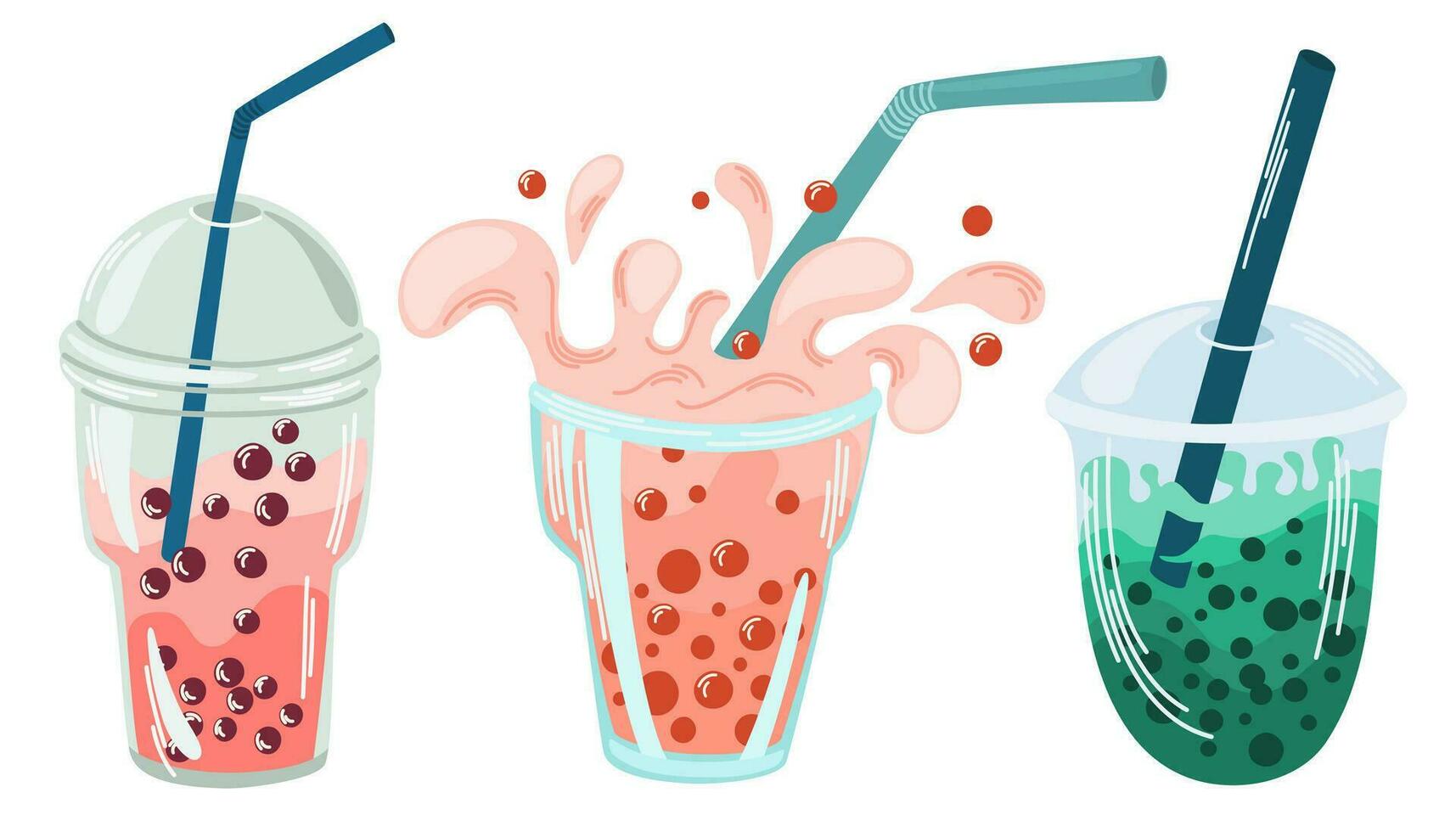 Bubble Milk Tea set. Different Milk tea with tapioca pearls. Boba tea. Asian Taiwanese drink. Hand drawn colored trendy vector illustration.
