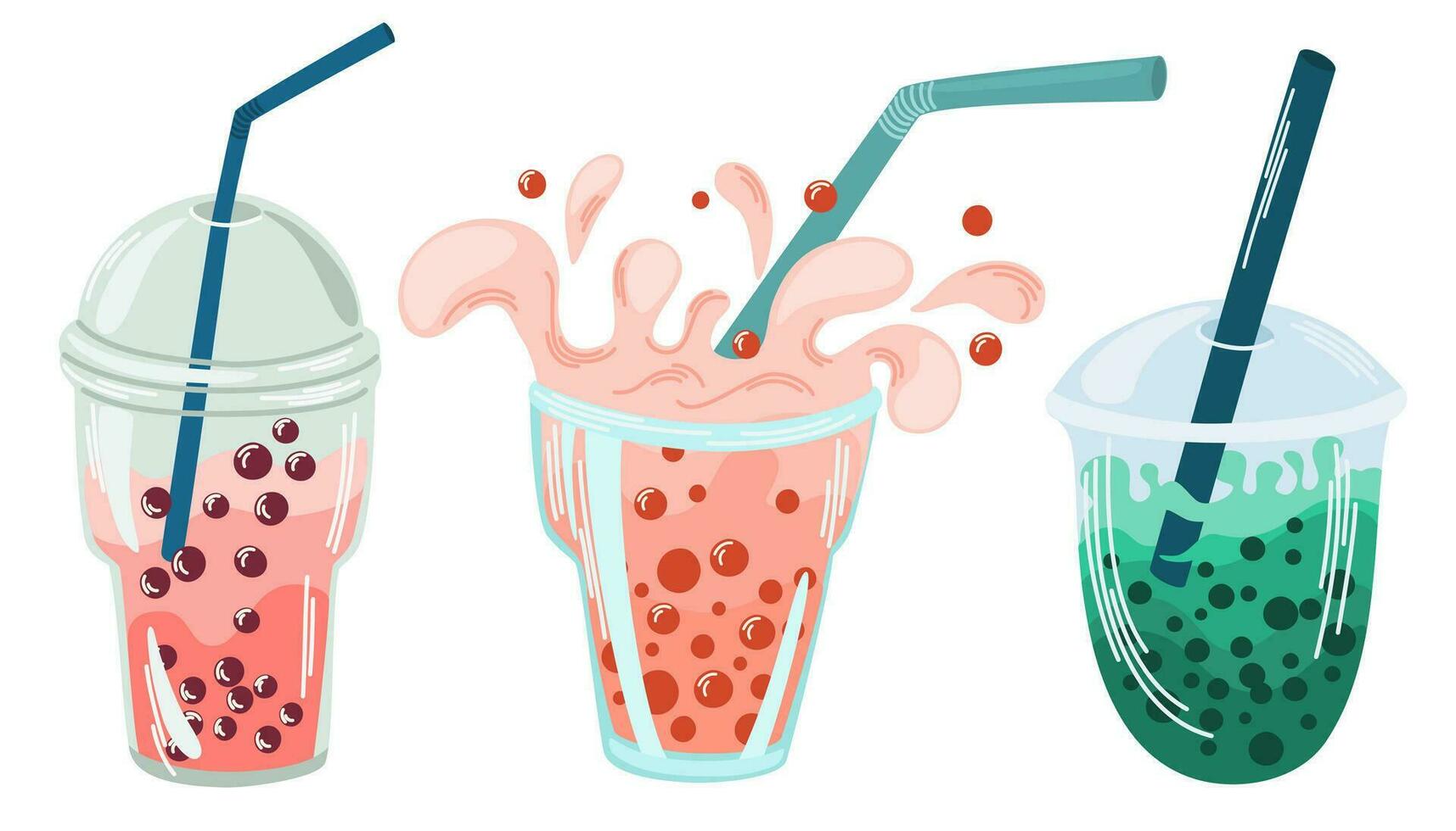 burbuja Leche té colocar. diferente Leche té con tapioca perlas boba té. asiático taiwanés beber. mano dibujado de colores de moda vector ilustración.