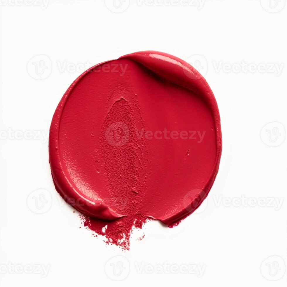 belleza muestra de tela y cosmético textura, circulo redondo rojo lápiz labial muestra aislado en blanco fondo, parafina cera sellando estampilla, generativo ai foto