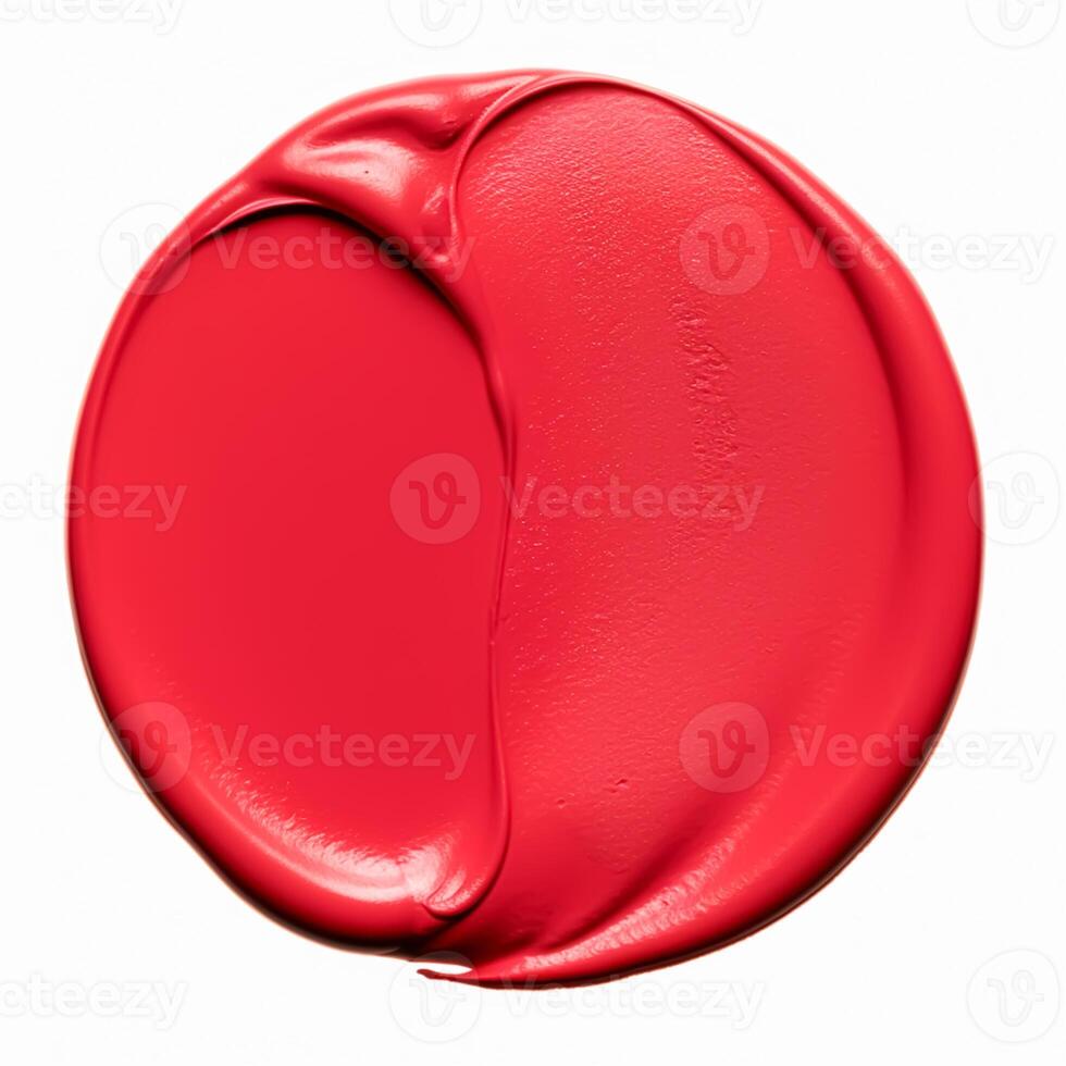 Beauty swatch and cosmetic texture, circle round red lipstick sample isolated on white background, paraffin wax sealing stamp, photo