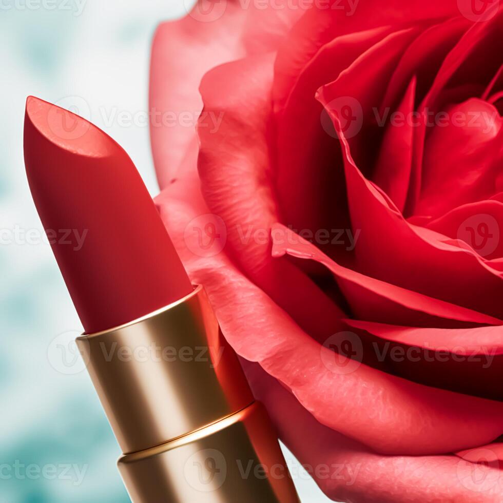 rojo lápiz labial en un dorado tubo y floreciente Rosa flor, belleza cosmético y maquillaje producto, generativo ai foto