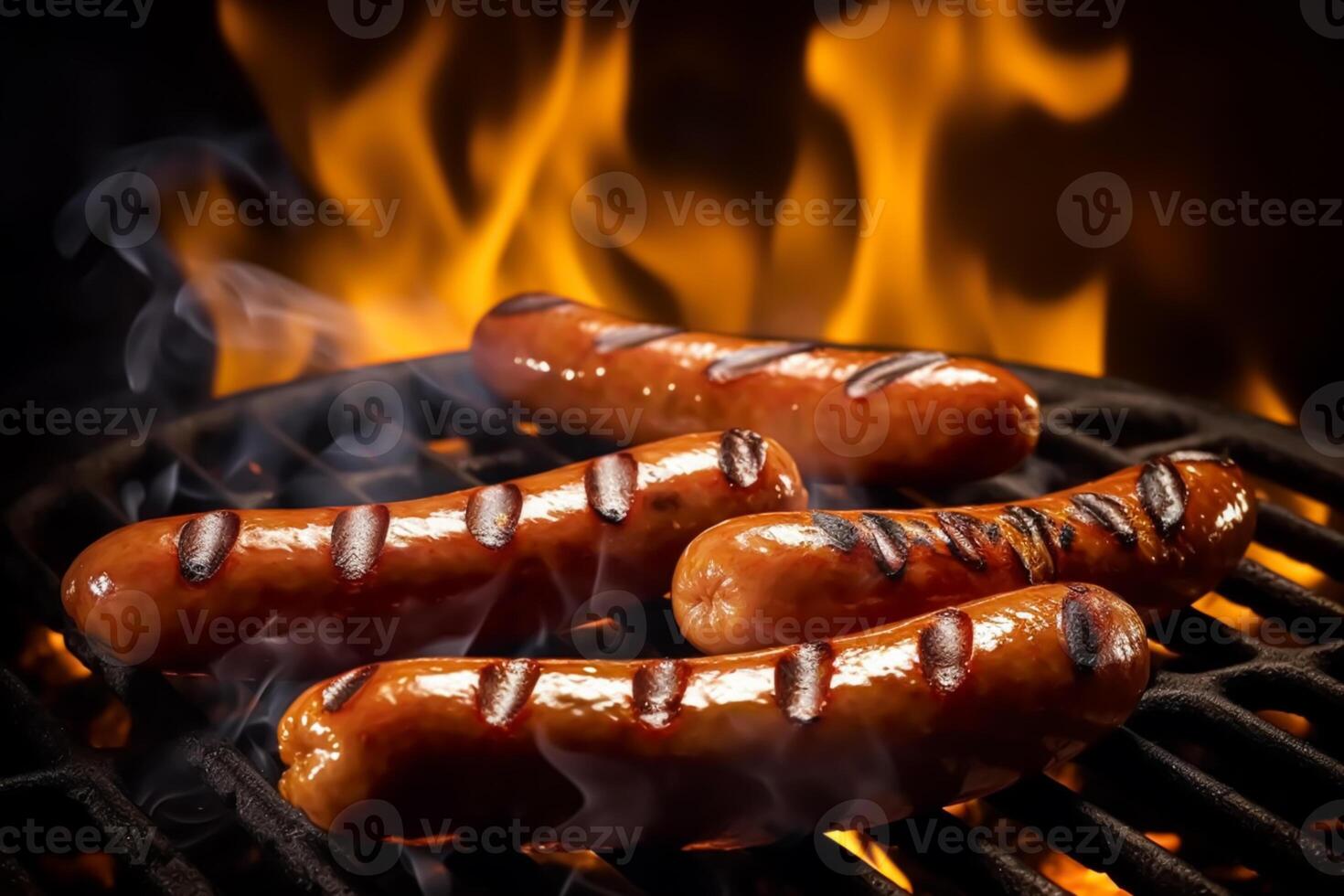 Hot spicy meat sausages grilled on fire, food bbq and grill, photo