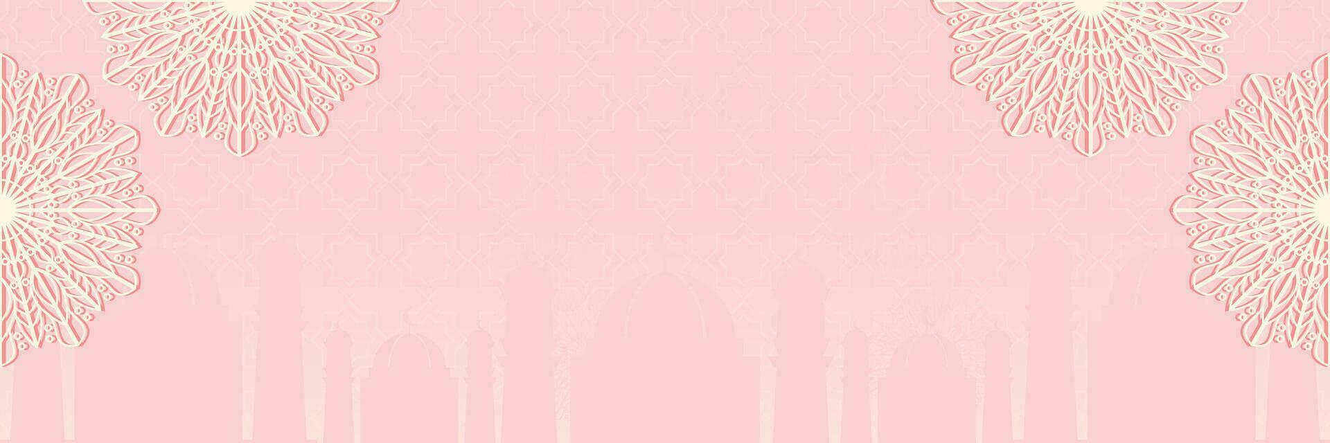 islamic background with mosque silhouette and mandala ornament, vector for banner, greeting card, social media.