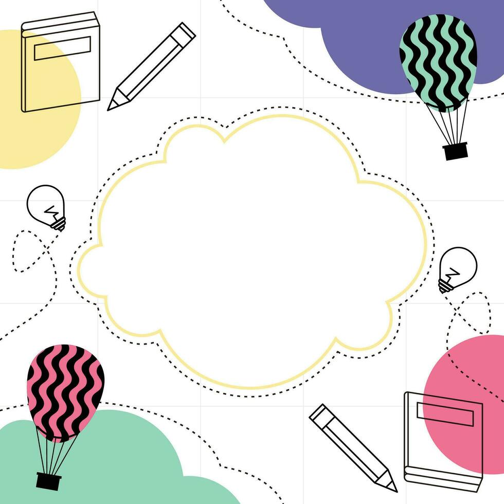 back to school background, note paper with cloud icon, hot air balloon, book, pencil and idea. have empty space for text, kids cartoon vector