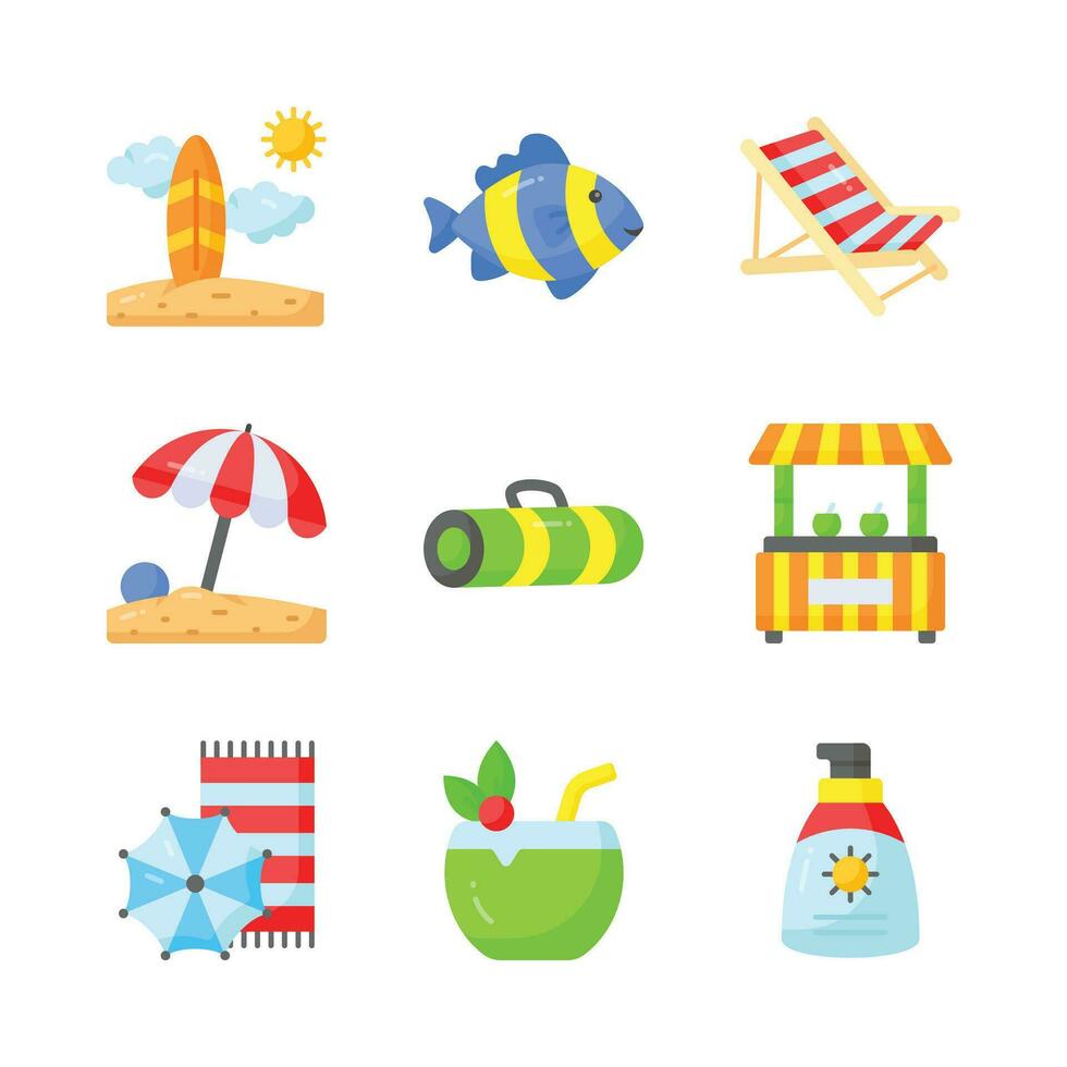 Embrace the warmth and relaxation of summer with a charming collection of icons that evoke beachside bliss vector