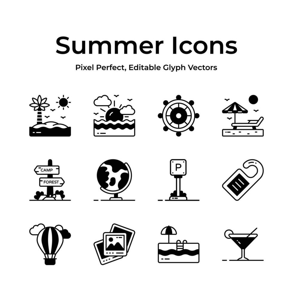 Transport yourself to a tropical paradise with this summer icons pack, featuring colorful cocktails and beach accessories vector