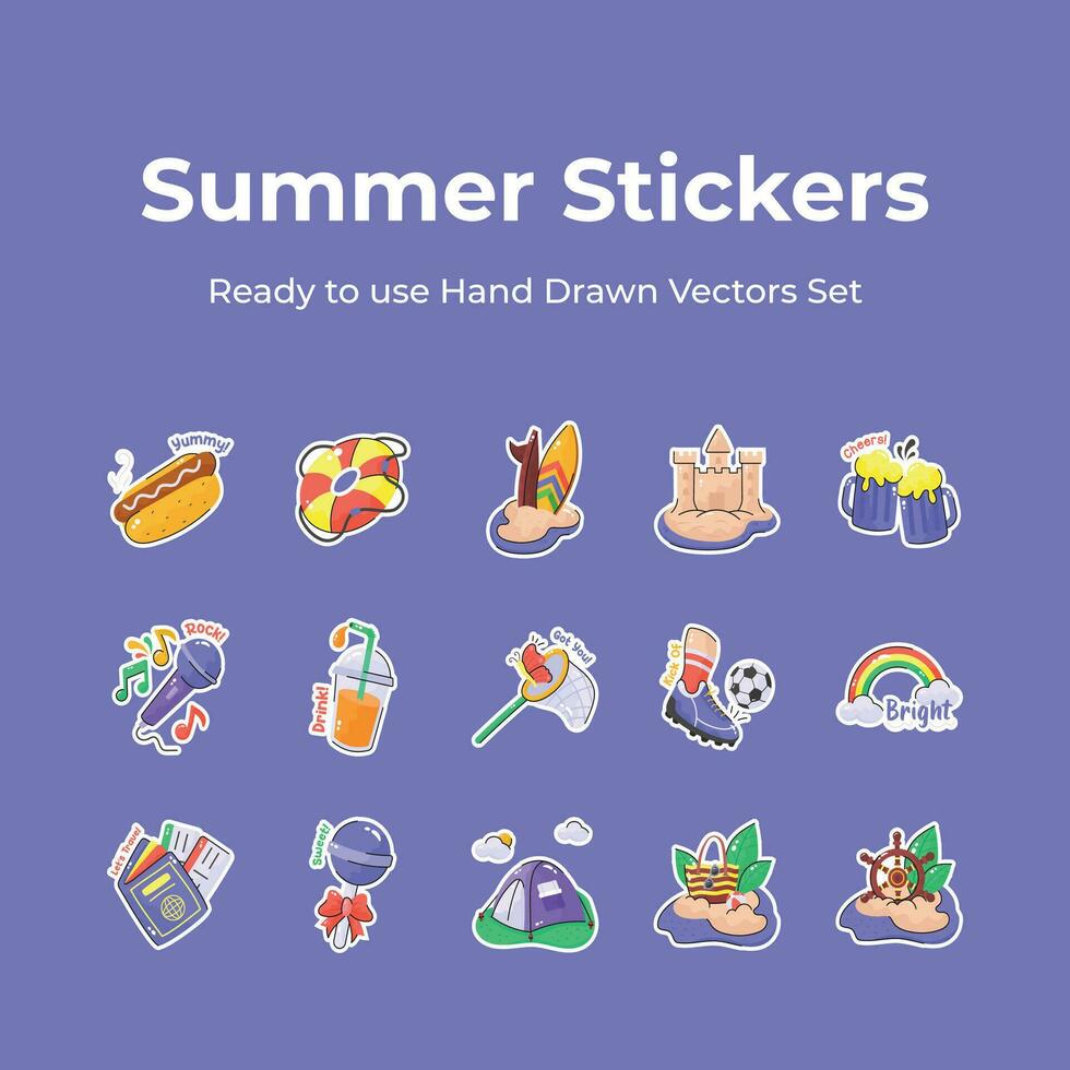 Grab this beautifully designed hand drawn summer stickers set, ready to use and download vectors