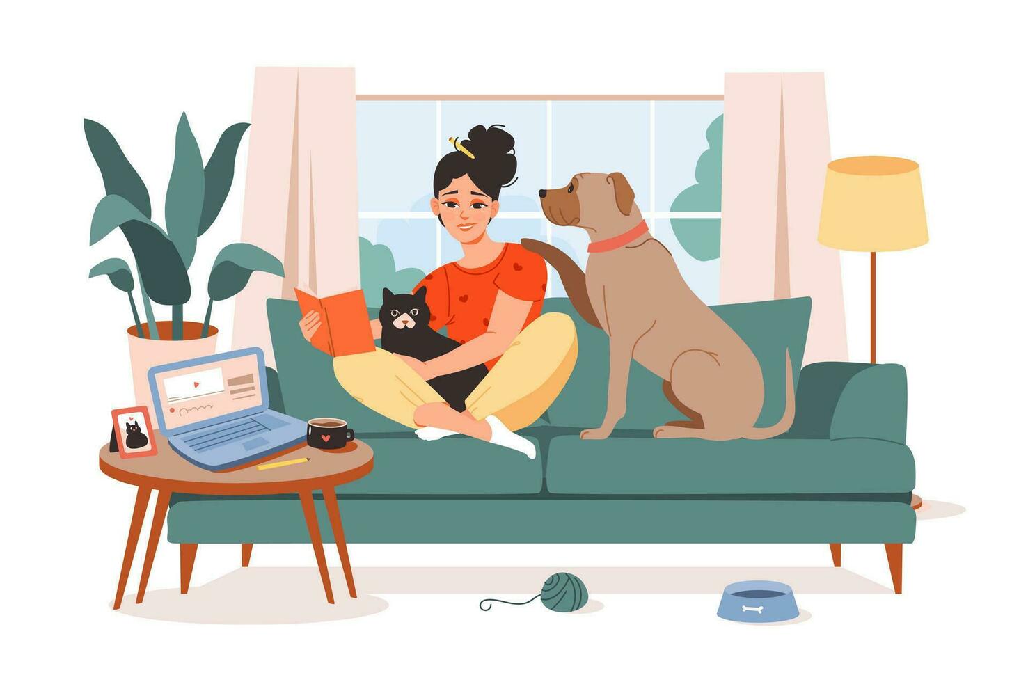 Pet owner. A young woman is resting on the couch with her pets. A woman with a cat and a dog spend time together. Relaxing with a pet. Flat vector illustration.