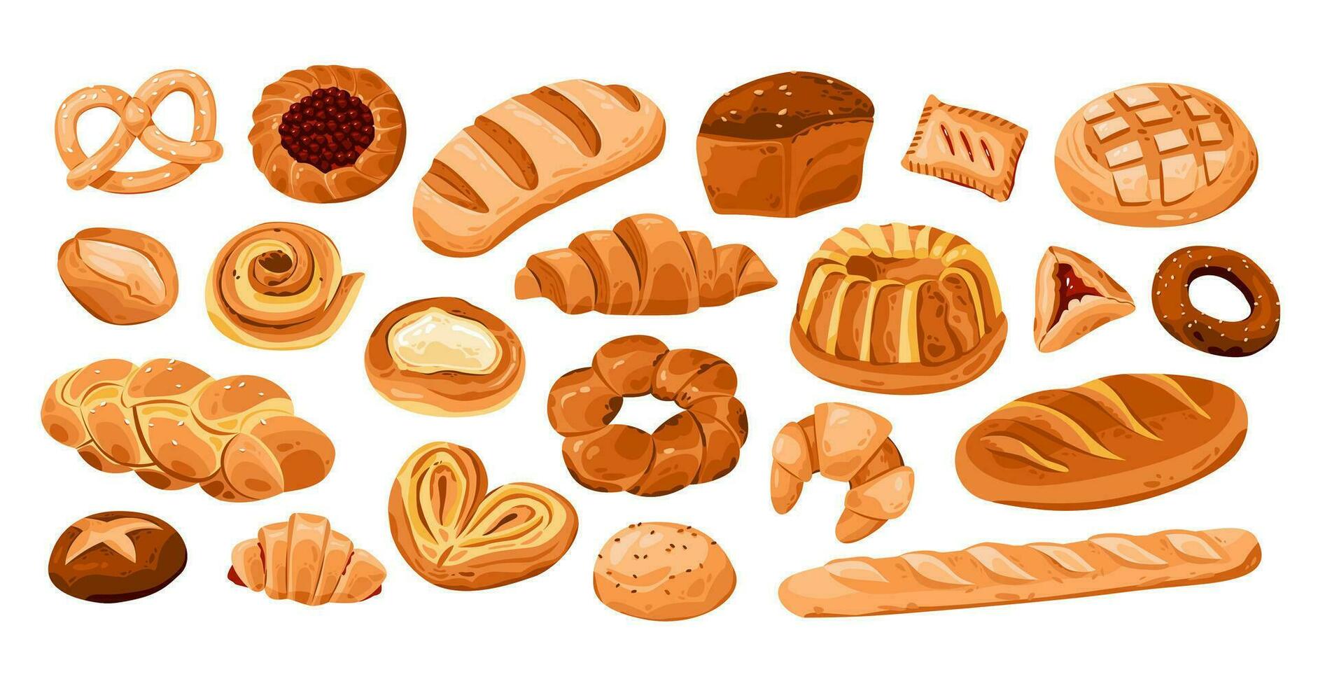 Bakery products set. A variety of pastries from the dough. Homemade cakes. Cartoon vector illustration.