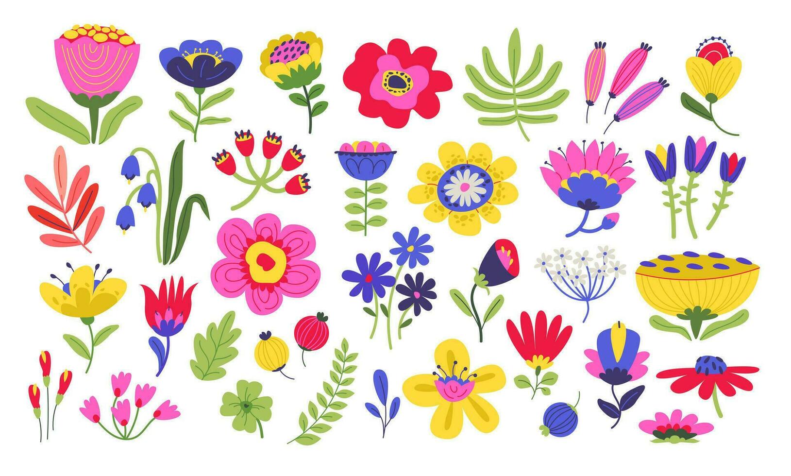 Naive Abstract plants and flowers collection. Hand-drawn colorful flowers. Flat vector illustration in the style of a doodle.