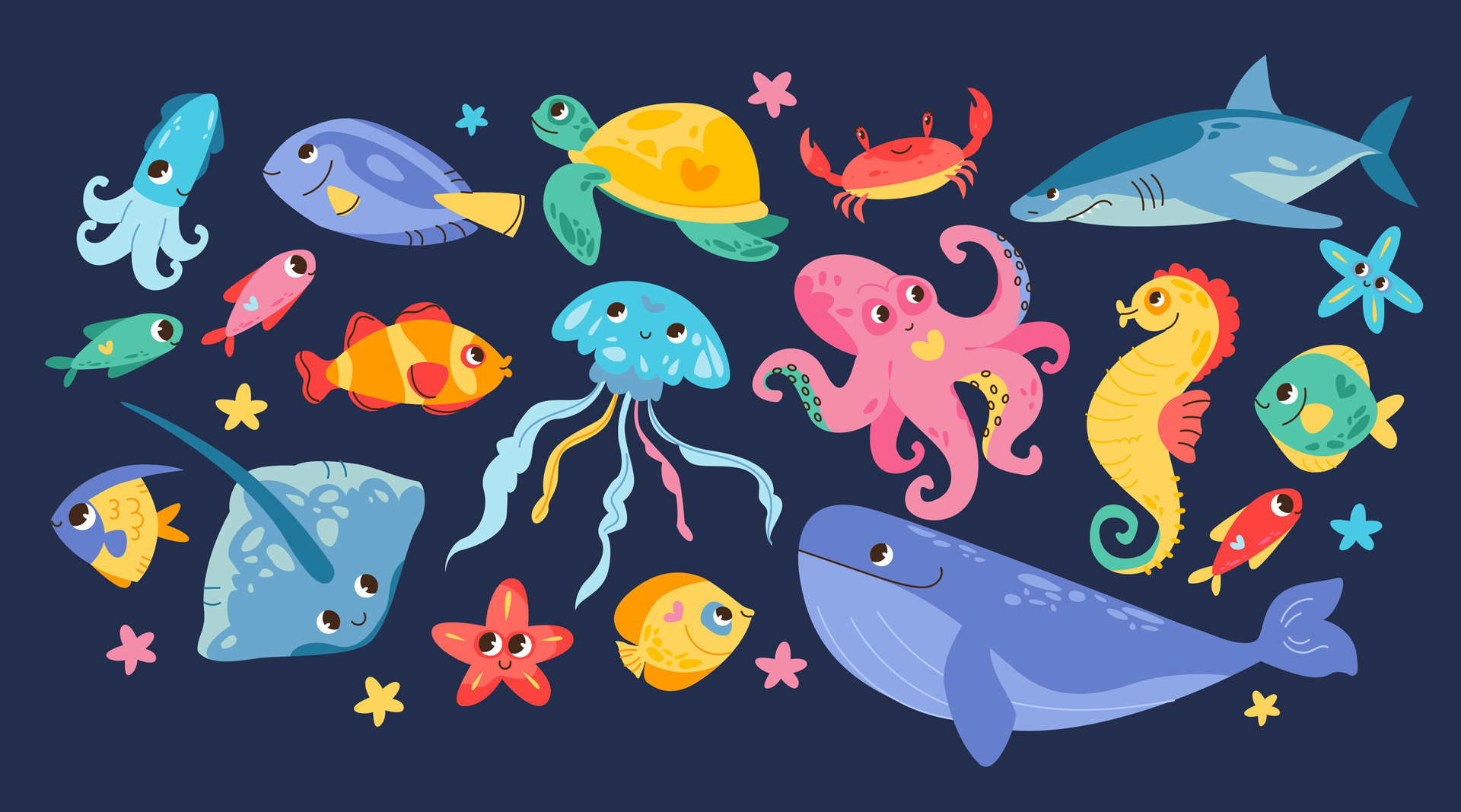 Free Vector  Cute bright fish game cartoon character set vector  illustration of underwater sea or aquarium creatures marine and ocean  tropical animals with smiling faces aquatic saltwater colorful critters