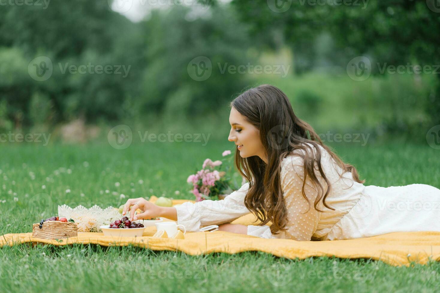 un joven hermosa mujer en un blanco vestir se sienta en un cobija en un verano picnic en el verde césped. contento gasto hora en naturaleza en el verano foto