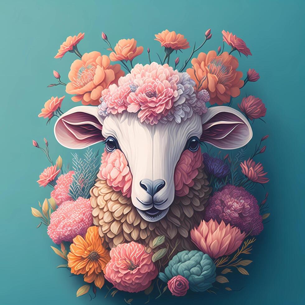 Sheep head with flowers and leaves. art illustration 25269504 Stock