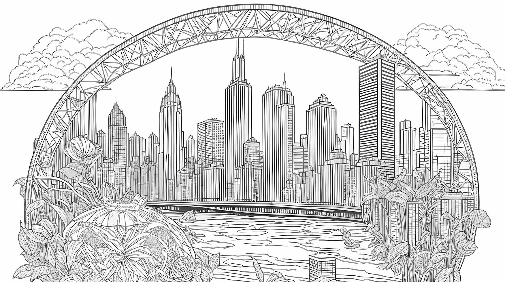 chicago city image with coloring book style, black and white, art photo