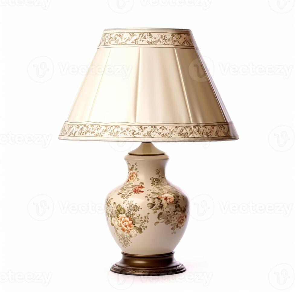 Vintage country style antique table lamp with a beautiful lampshade design isolated on white background, interior design and cottage home decor, post-processed, photo